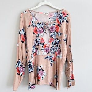 Gimmicks by BKE Floral Print Key Hole Embroidered Blouse Top Size Large Boho